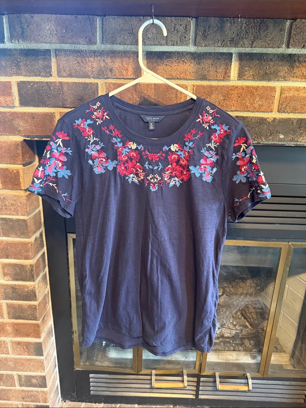 Lucky Brand Navy Tee with Red & Blue Floral Embroidery